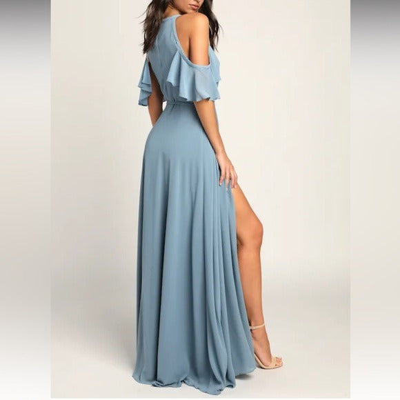 New LULUS Easy Listening Slate Blue Cold-Shoulder Wrap Maxi Dress Size Large