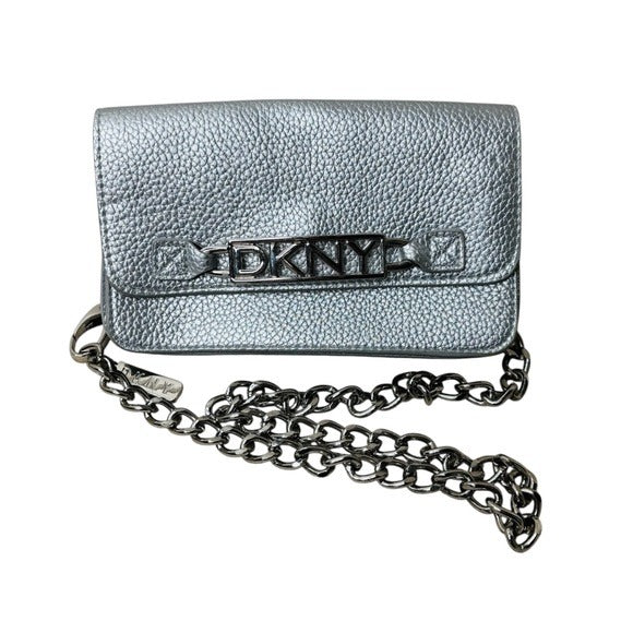 DKNY Metallic Silver Mini Flap Crossbody Bag