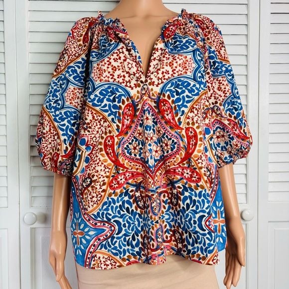 XIRENA Jules Terra Mosaic Print Cotton Puff Sleeve Blouse Size Large