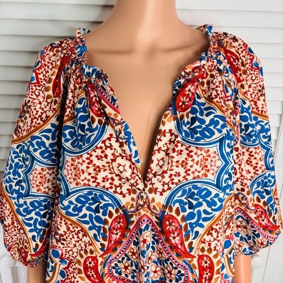 XIRENA Jules Terra Mosaic Print Cotton Puff Sleeve Blouse Size Large