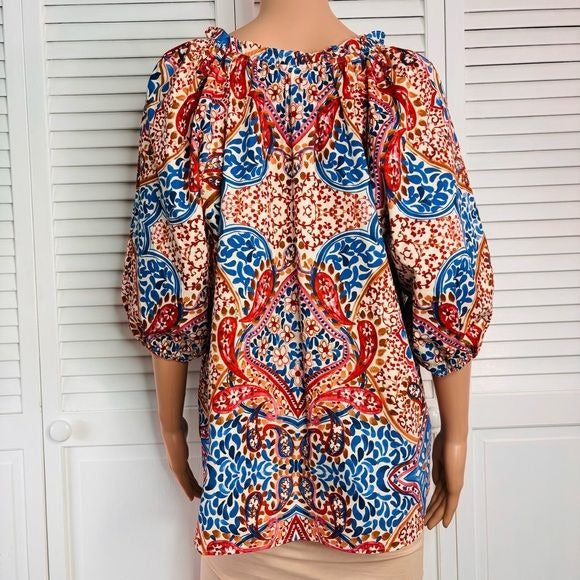 XIRENA Jules Terra Mosaic Print Cotton Puff Sleeve Blouse Size Large