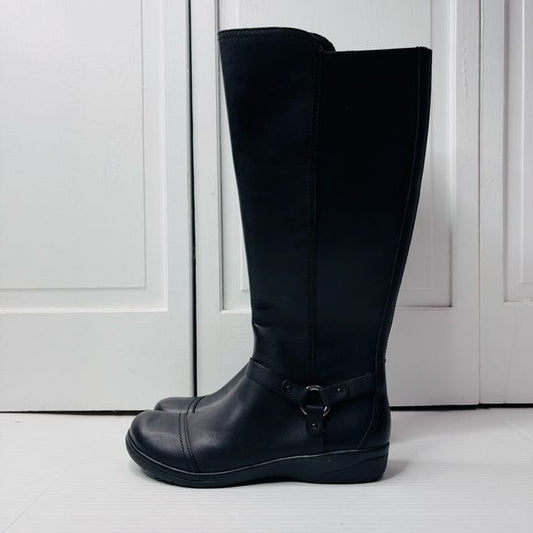 CLARKS Black Leather Cheyn Lindie Harness Tall Riding Boots Size 8