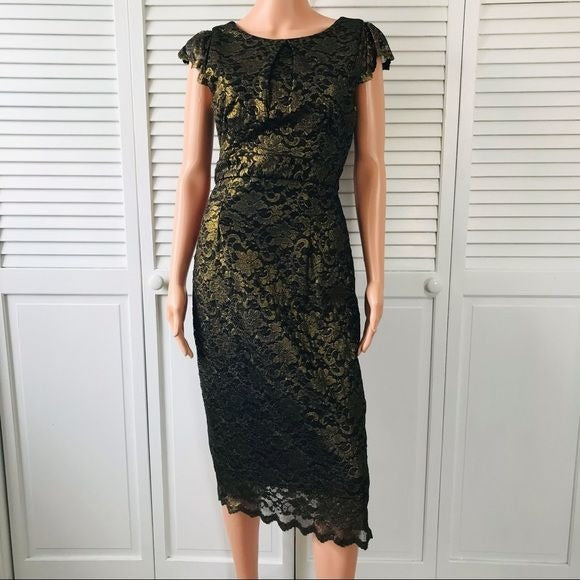 ALLEN B. Gold Black Short Sleeve Lace Dress Size Small