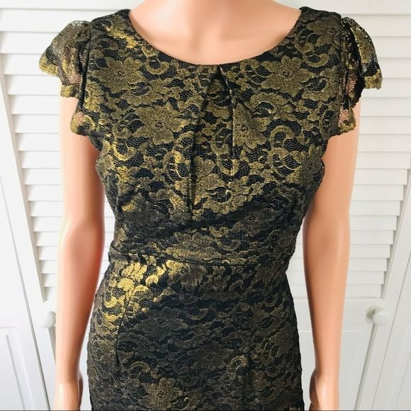 ALLEN B. Gold Black Short Sleeve Lace Dress Size Small