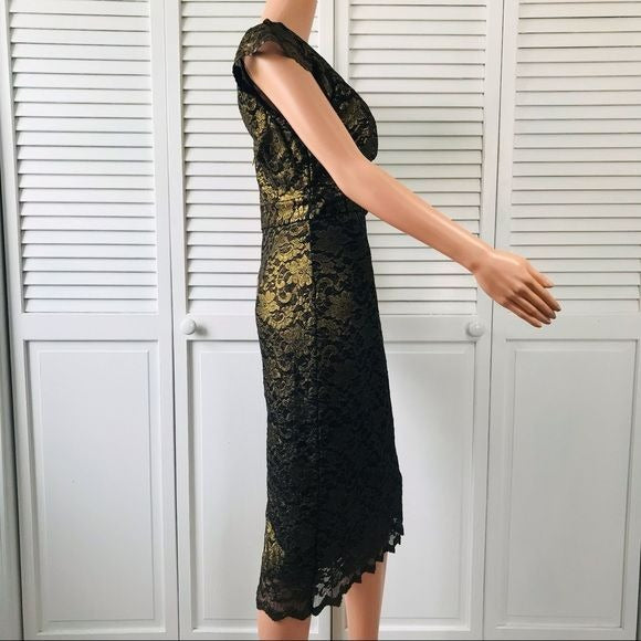 ALLEN B. Gold Black Short Sleeve Lace Dress Size Small