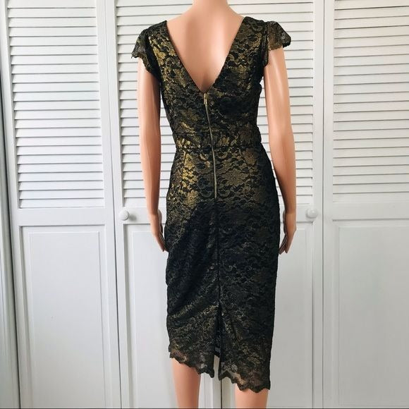 ALLEN B. Gold Black Short Sleeve Lace Dress Size Small