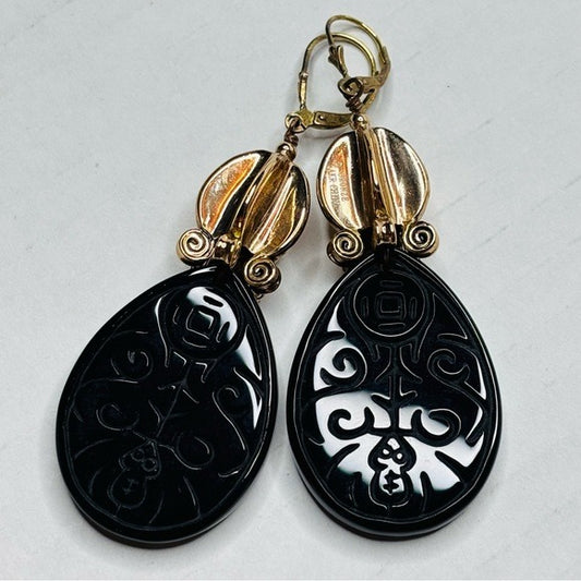 AMY KAHN RUSSELL Vintage Carved Black Obsidian Sterling Silver Earrings