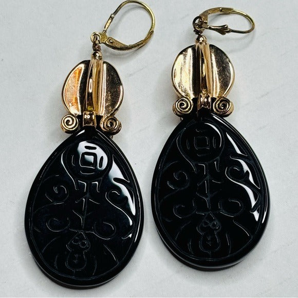 AMY KAHN RUSSELL Vintage Carved Black Obsidian Sterling Silver Earrings
