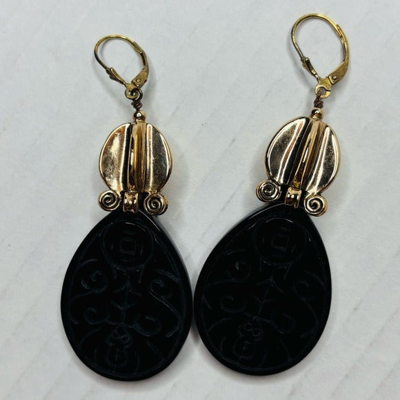 AMY KAHN RUSSELL Vintage Carved Black Obsidian Sterling Silver Earrings
