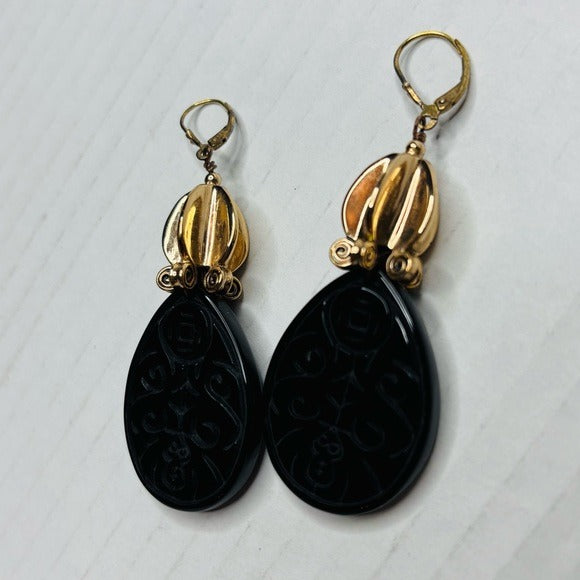 AMY KAHN RUSSELL Vintage Carved Black Obsidian Sterling Silver Earrings