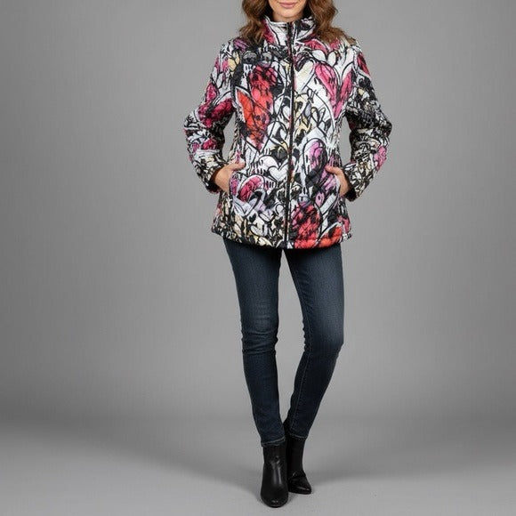 DOLCEZZA Quilted Wearable Art Jacket in Pink Heart Print Size Large