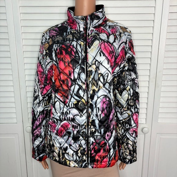 DOLCEZZA Quilted Wearable Art Jacket in Pink Heart Print Size Large