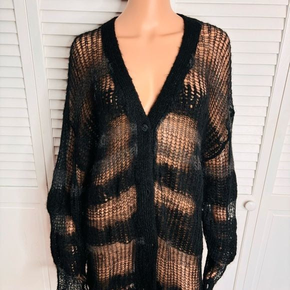 RAG & BONE Black Lillian Stripe Open Stitch Alpaca Blend Cardigan Size Medium