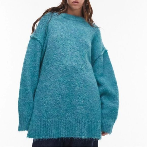 *NEW* TOPSHOP Teal Longline Exposed Seam Fluffy Sweater Size Small