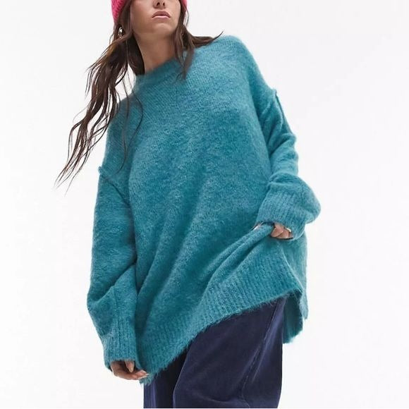 *NEW* TOPSHOP Teal Longline Exposed Seam Fluffy Sweater Size Small