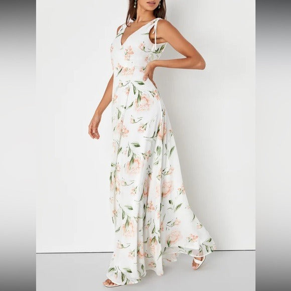 New LULUS Romantic Possibilities White Floral Print Maxi Dress Size Large
