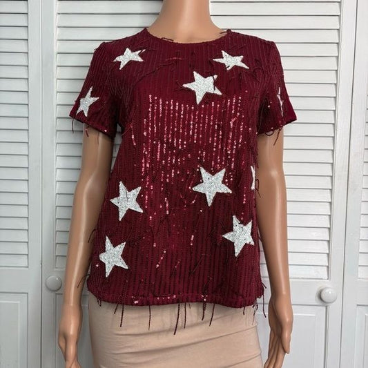 TCEC Red Sequin Star Embellished Short Sleeve Shirt Size Small