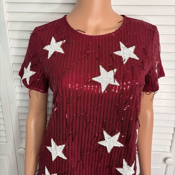 TCEC Red Sequin Star Embellished Short Sleeve Shirt Size Small