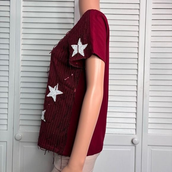 TCEC Red Sequin Star Embellished Short Sleeve Shirt Size Small