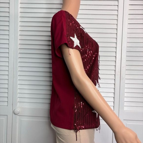 TCEC Red Sequin Star Embellished Short Sleeve Shirt Size Small