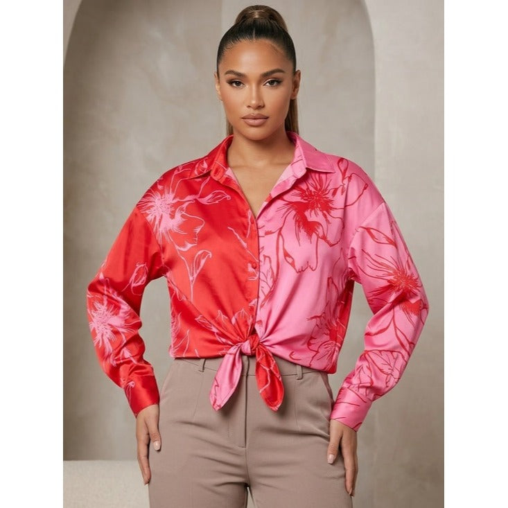 New Hutch Robbie Split Print Tie Front Satin Blouse Size Small