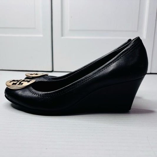 TORY BURCH Black Leather Sally Wedge Size 6.5