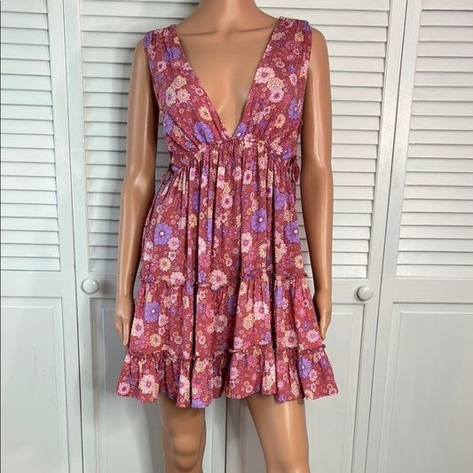 THALASSA Pink Floral V-Neck Sleeveless Dress Size Medium