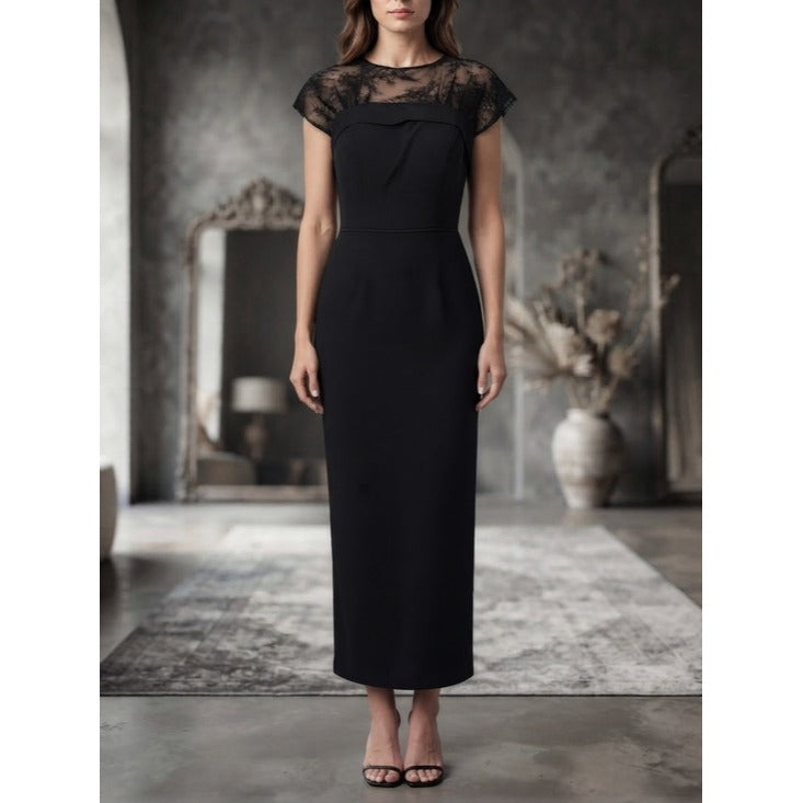 New MAC DUGGAL Black Lace Illusion Yoke Midi Sheath Dress Size 6