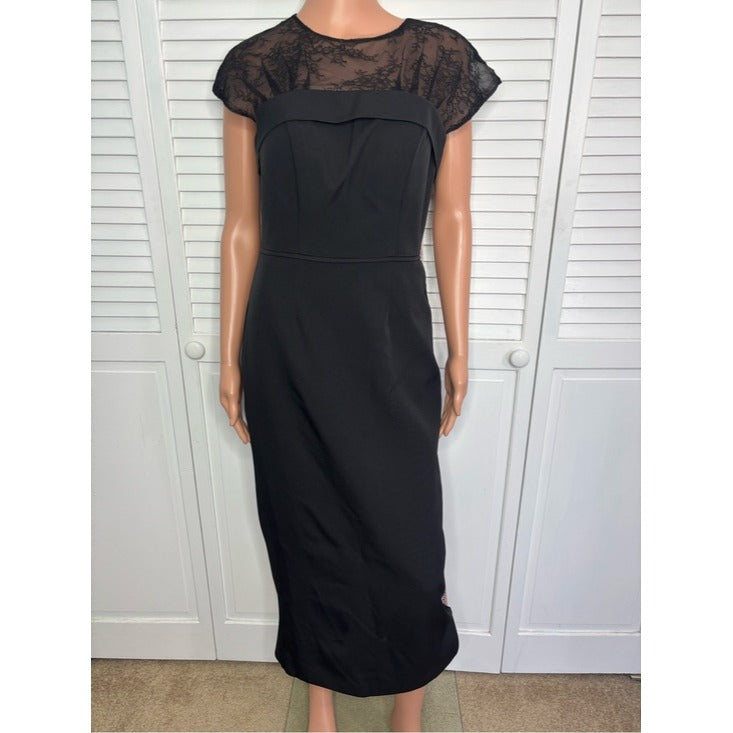 New MAC DUGGAL Black Lace Illusion Yoke Midi Sheath Dress Size 6