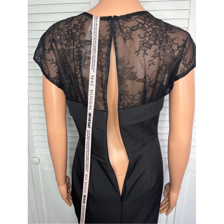 New MAC DUGGAL Black Lace Illusion Yoke Midi Sheath Dress Size 6