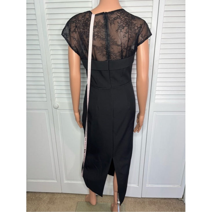 New MAC DUGGAL Black Lace Illusion Yoke Midi Sheath Dress Size 6