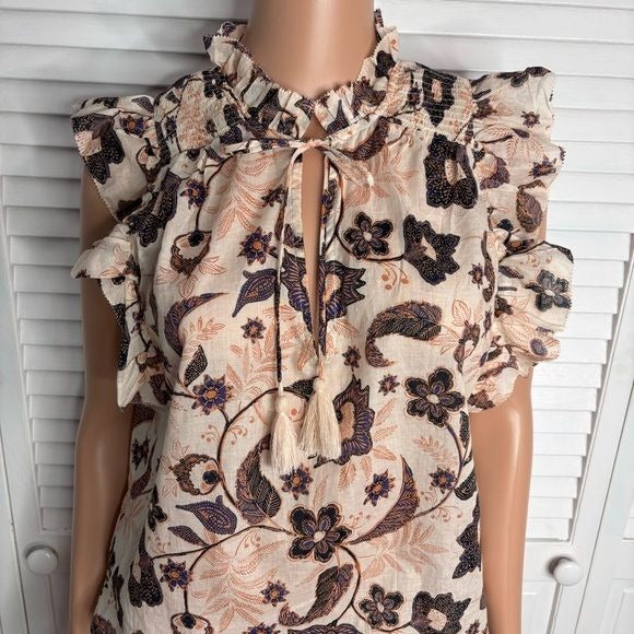 COMMON COLLECTION Cream Ruffled Collar Floral Cotton Blouse Size Medium