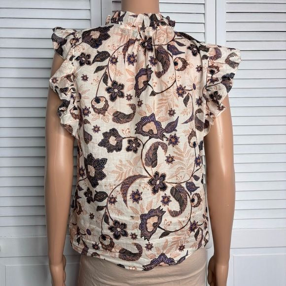 COMMON COLLECTION Cream Ruffled Collar Floral Cotton Blouse Size Medium