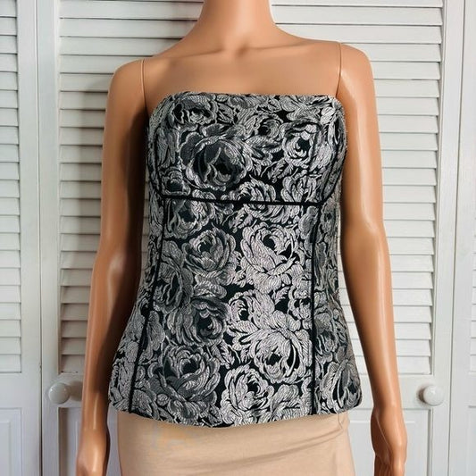 WHITE HOUSE BLACK MARKET Metallic Floral Embroidered Bustier Top Size 6