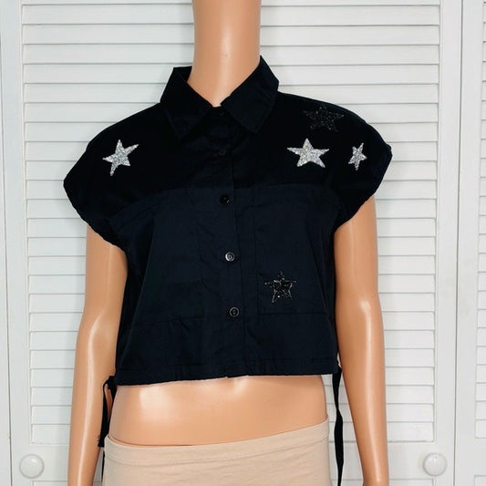 BLUE B. COLLECTION Black Star Embroidered Cap Sleeve Blouse Size Small