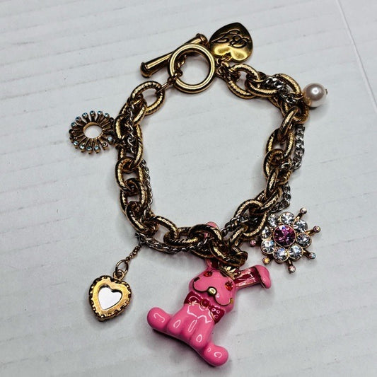 BETSY JOHNSON Vintage Gold Pink Bunny Charm Bracelet