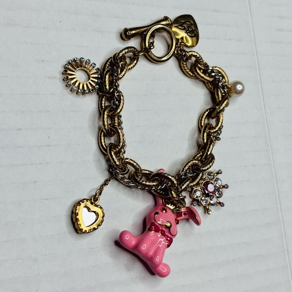 BETSY JOHNSON Vintage Gold Pink Bunny Charm Bracelet