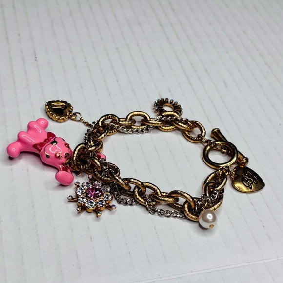 BETSY JOHNSON Vintage Gold Pink Bunny Charm Bracelet
