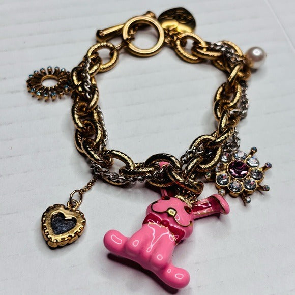 BETSY JOHNSON Vintage Gold Pink Bunny Charm Bracelet