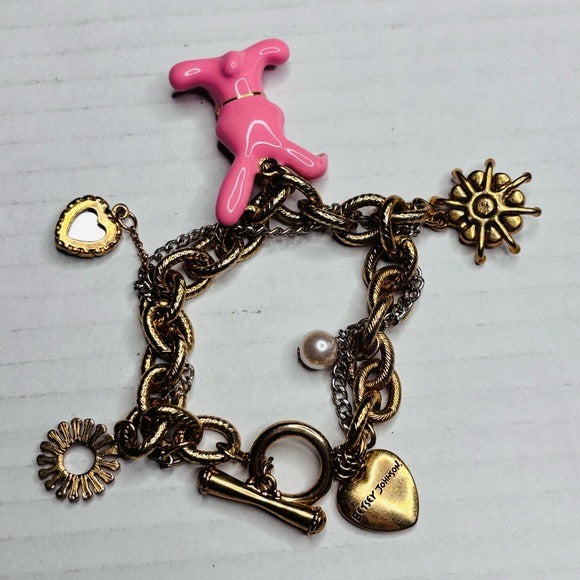 BETSY JOHNSON Vintage Gold Pink Bunny Charm Bracelet