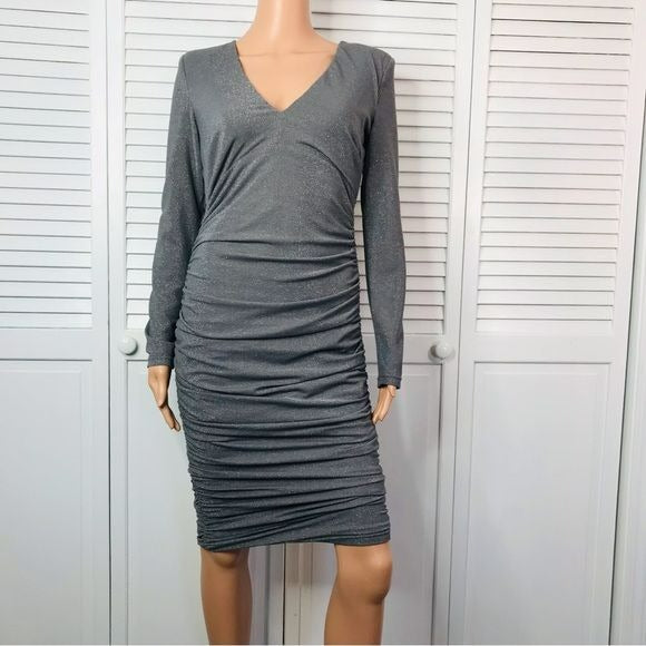 BARDOT Lorena Metallic V-Neck Long Sleeve Body-Con Dress Size M *NEW*