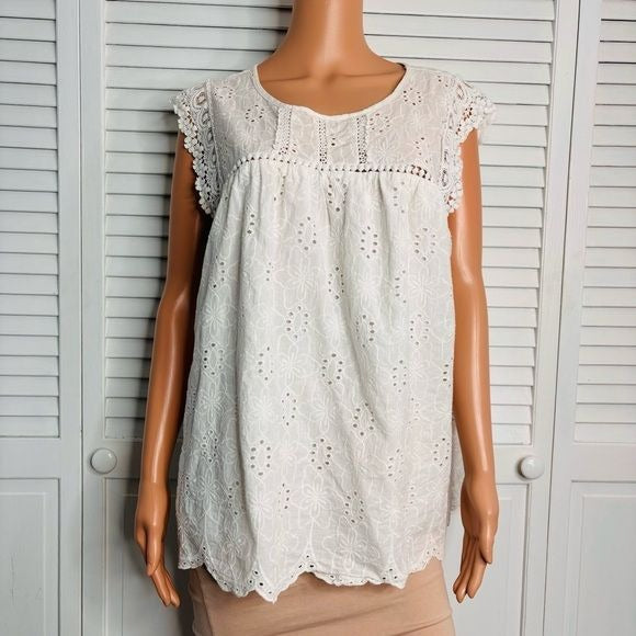 KNOX ROSE White Eyelet Crochet Boho Scalloped Top Size XL