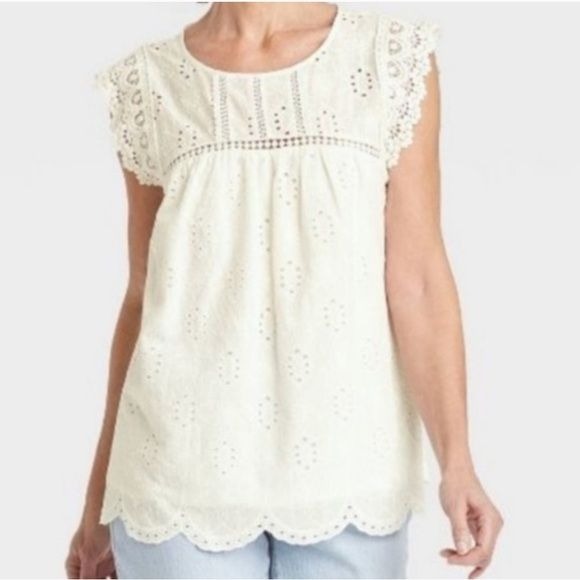 KNOX ROSE White Eyelet Crochet Boho Scalloped Top Size XL