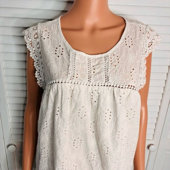 KNOX ROSE White Eyelet Crochet Boho Scalloped Top Size XL