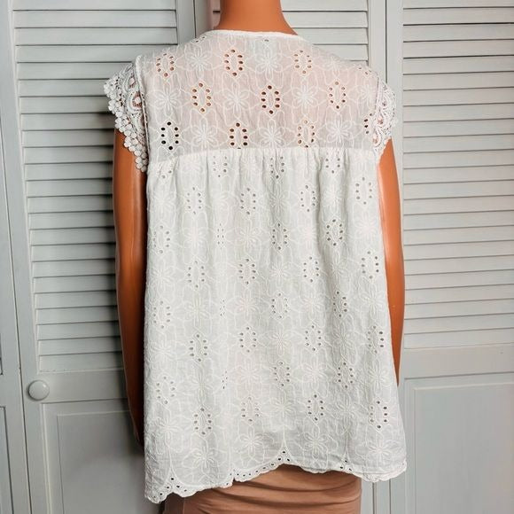 KNOX ROSE White Eyelet Crochet Boho Scalloped Top Size XL