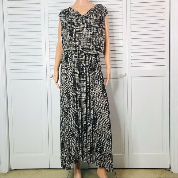 CALVIN KLEIN Beige Black Blotted Print Sleeveless Belted Maxi Dress Size 1X