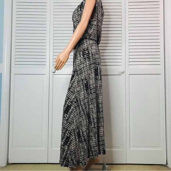 CALVIN KLEIN Beige Black Blotted Print Sleeveless Belted Maxi Dress Size 1X