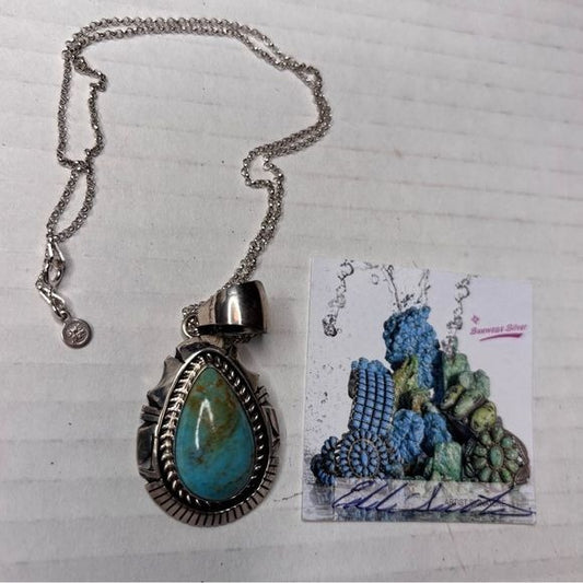 SUNWEST SILVER Pear Cut Kingman Turquoise Pendant Necklace