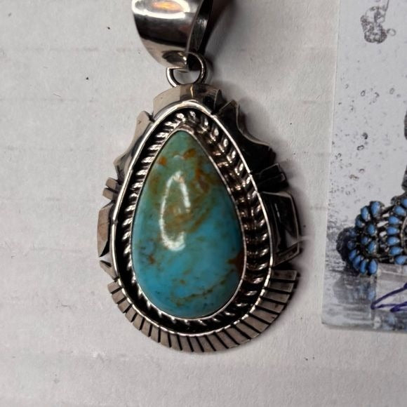 SUNWEST SILVER Pear Cut Kingman Turquoise Pendant Necklace