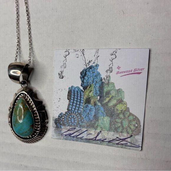 SUNWEST SILVER Pear Cut Kingman Turquoise Pendant Necklace